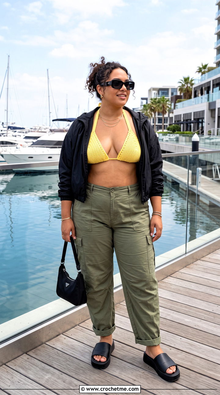 Plus Size Crochet Triangle Bikini With Cargo Pants - 25 plus size crochet swimwear outfit ideas