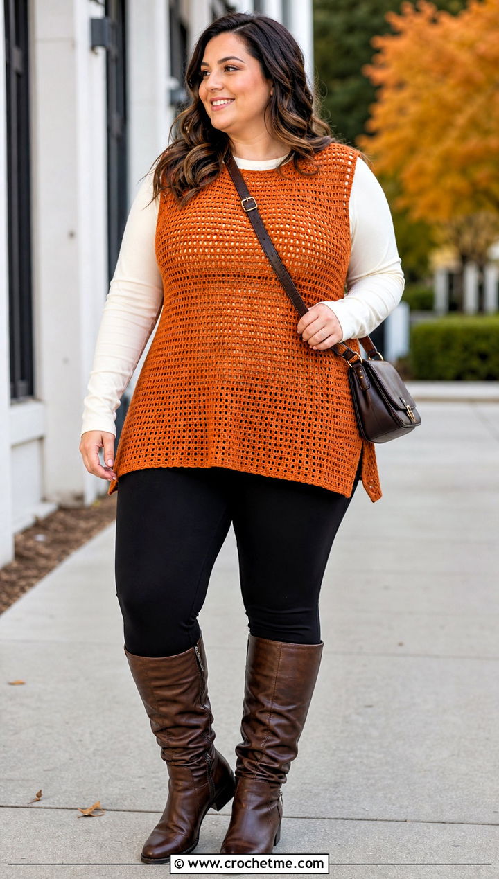 Plus Size Crochet Tunic Top With Leggings And Boots - 25 Crochet Tops Plus Size outfit ideas