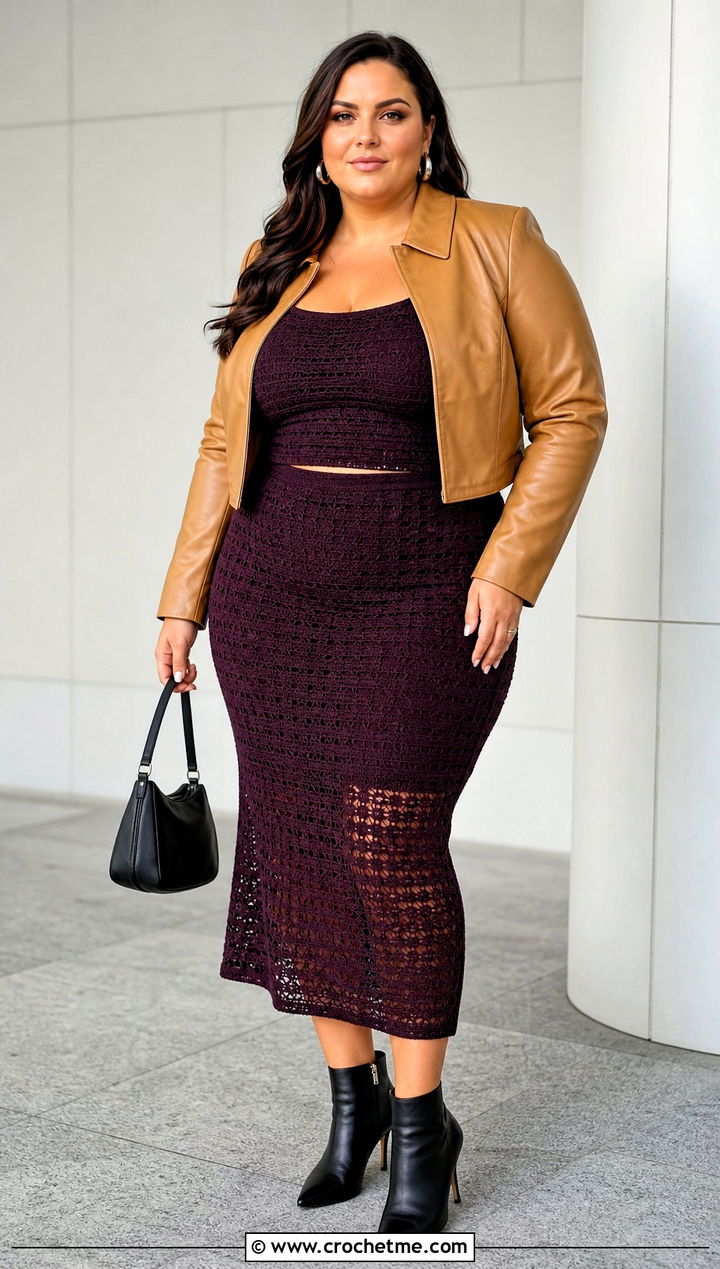 Plus Size Crochet Two Piece Set With A Leather Jacket - 15 Plus Size Crochet Clothes and outfit ideas