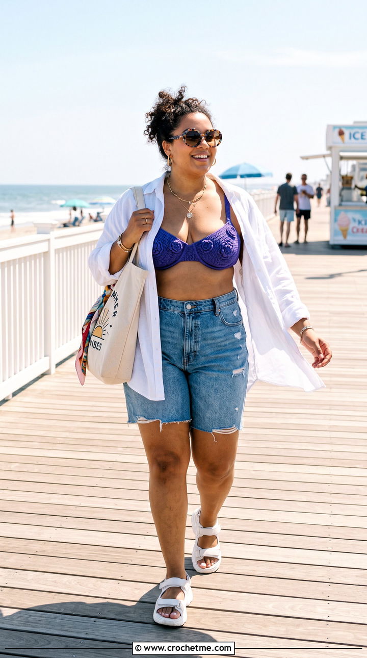 Plus Size Crochet Underwire Bikini With Denim Shorts - 25 plus size crochet swimwear outfit ideas