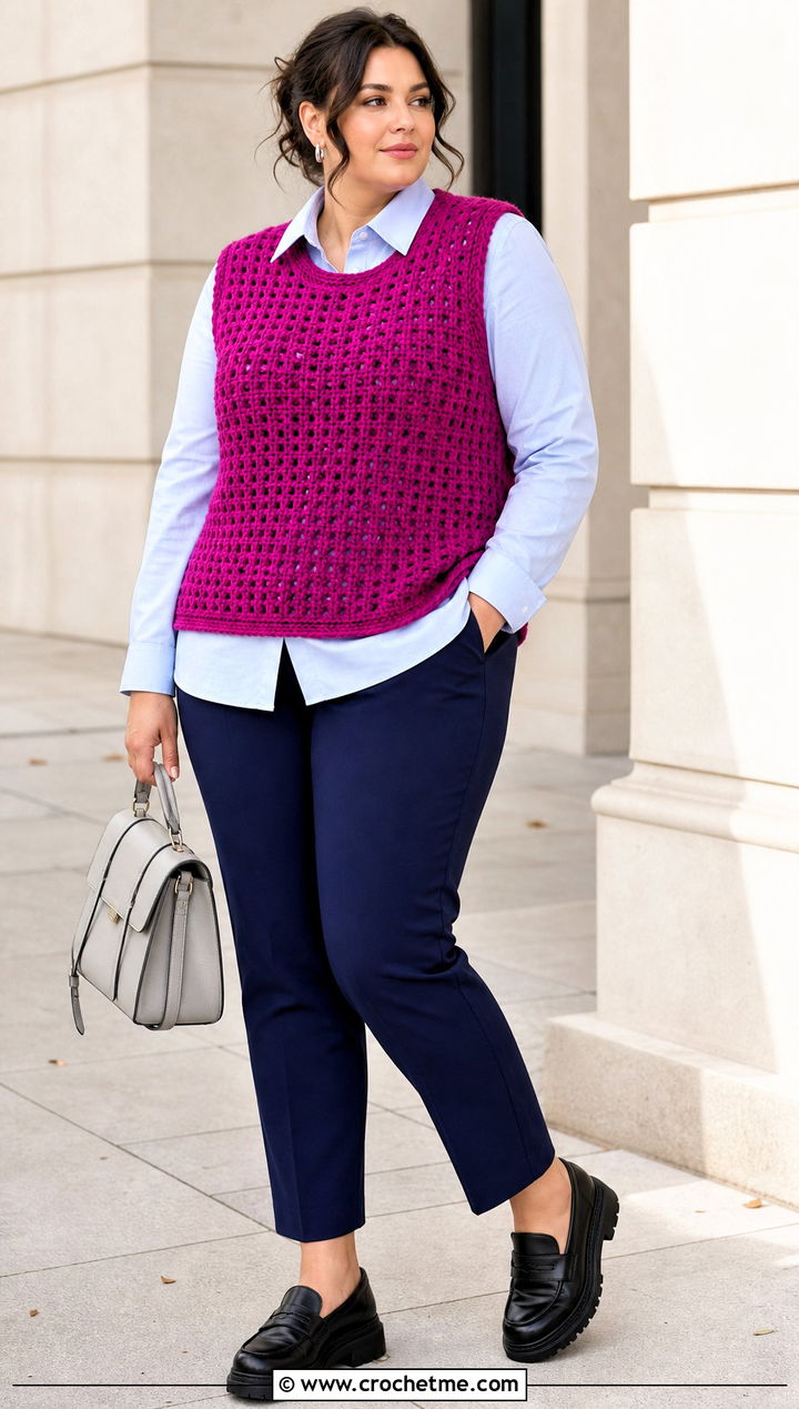 Plus Size Crochet Vest Top Over A Button Down Shirt - 20 Crochet Top Plus Size outfit ideas