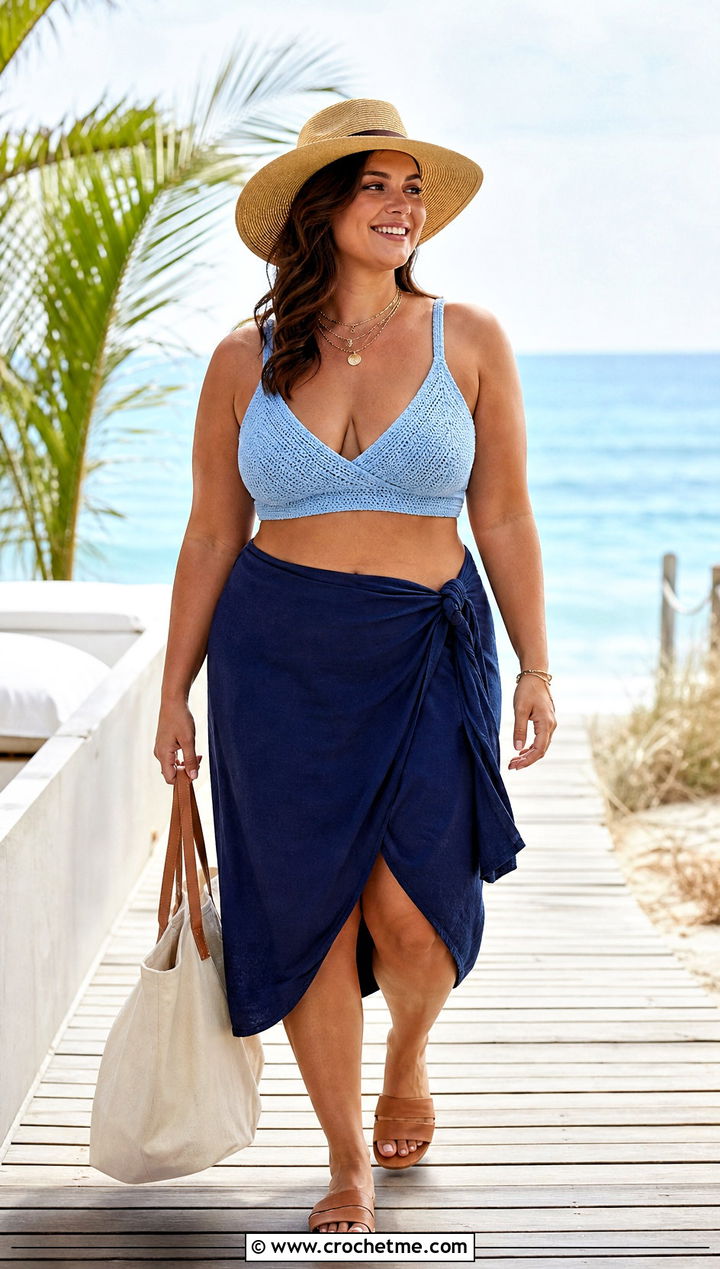 Plus Size Crochet Wrap Bikini With Linen Wrap Skirt - 25 plus size crochet swimwear outfit ideas
