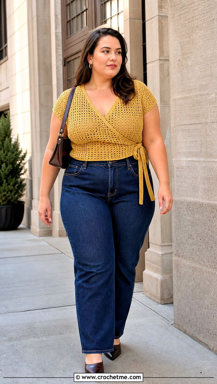 Plus Size Crochet Wrap Top With Dark Wash Jeans - 30 plus size crochet tops outfit ideas