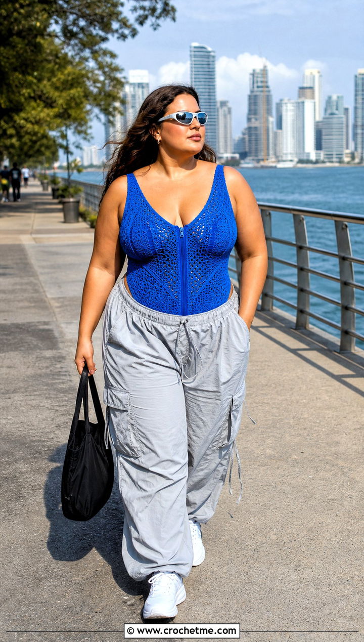 Plus Size Crochet Zip Front Swimsuit With Parachute Pants - 25 plus size crochet swimwear outfit ideas