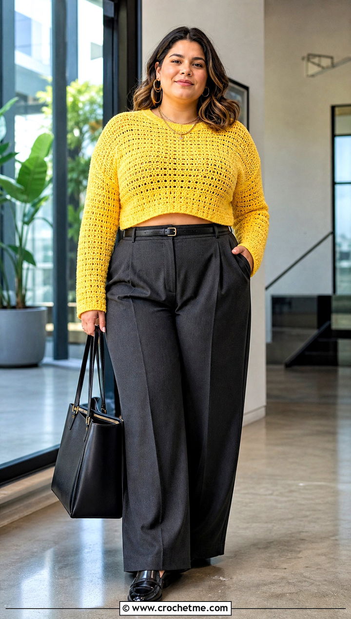Plus Size Cropped Crochet Sweater With High Waisted Trousers - 30 plus size crochet sweater outfit ideas