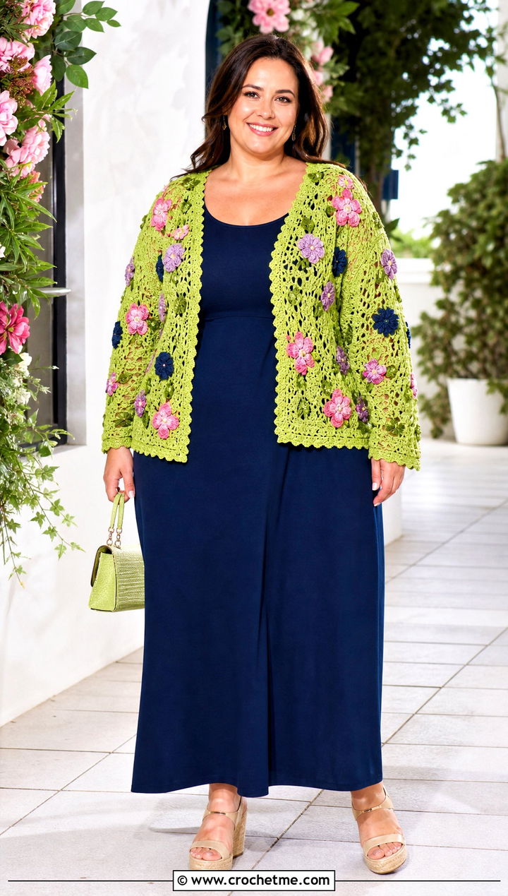Plus Size Floral Motif Crochet Cardigan With Solid Maxi Dress - 35 plus size crochet cardigan outfit ideas