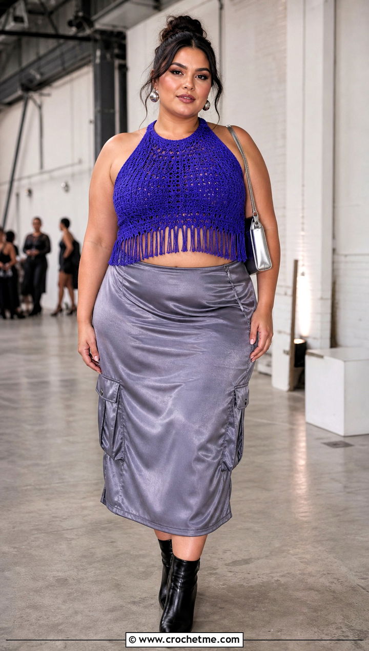 Plus Size Fringe Crochet Crop Top With Satin Cargo Skirt - 25 Crochet Crop Top Plus Size outfit ideas