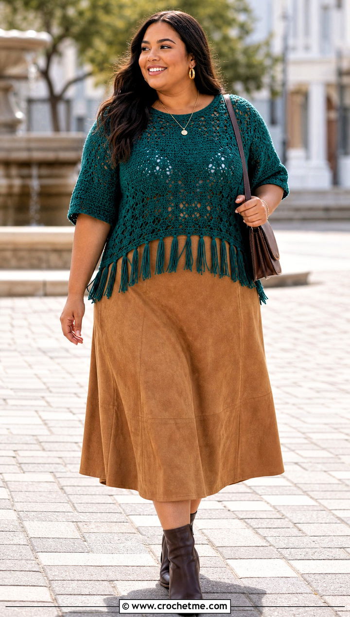 Plus Size Fringe Hem Crochet Top With Suede Midi Skirt - 30 plus size crochet tops outfit ideas