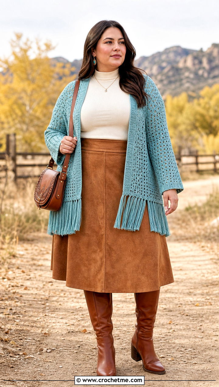 Plus Size Fringed Crochet Cardigan With Suede Midi Skirt - 35 plus size crochet cardigan outfit ideas