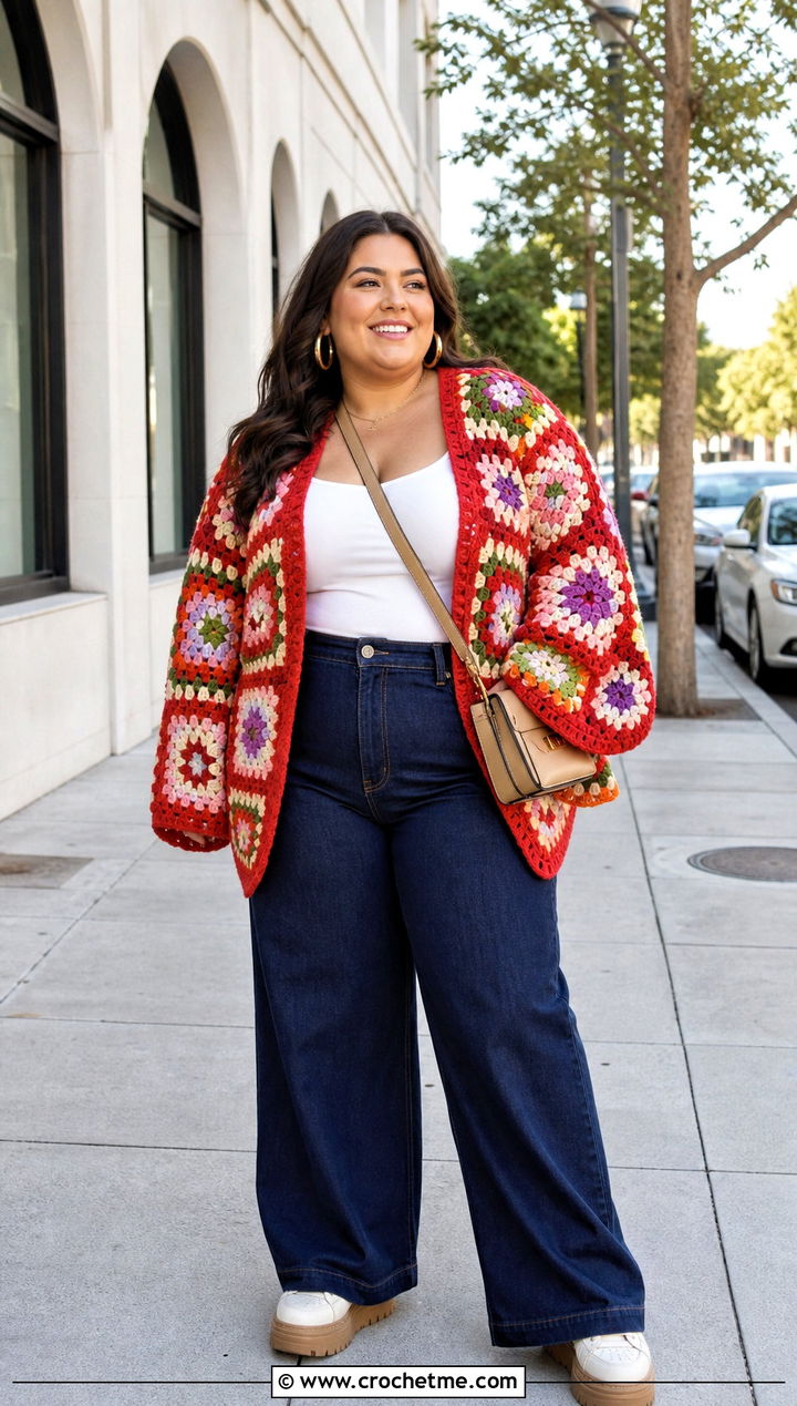 Plus Size Granny Square Crochet Cardigan With Wide Leg Jeans - 35 plus size crochet cardigan outfit ideas
