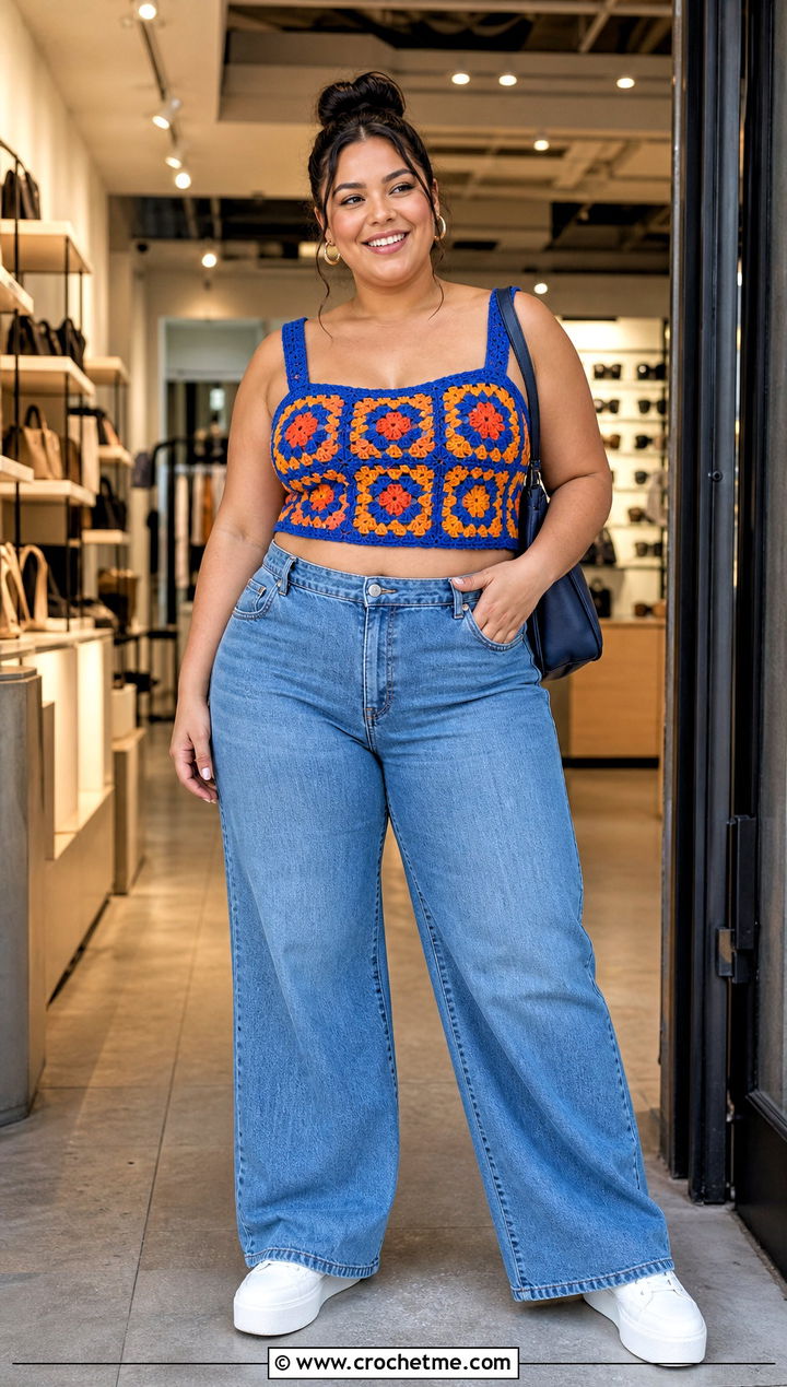 Plus Size Granny Square Crochet Crop Top With Wide Leg Jeans - 25 Crochet Crop Top Plus Size outfit ideas
