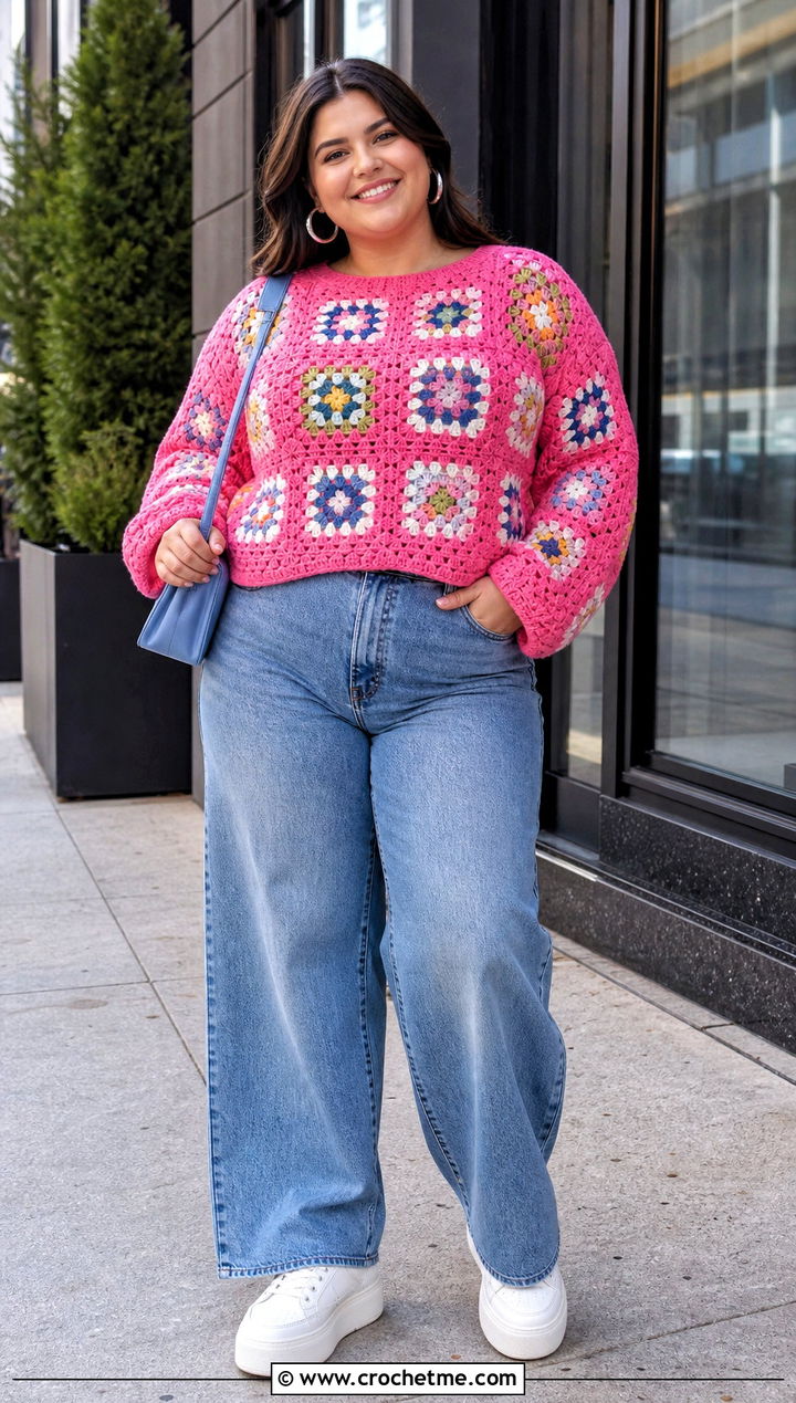 Plus Size Granny Square Crochet Sweater With Wide Leg Jeans - 30 plus size crochet sweater outfit ideas