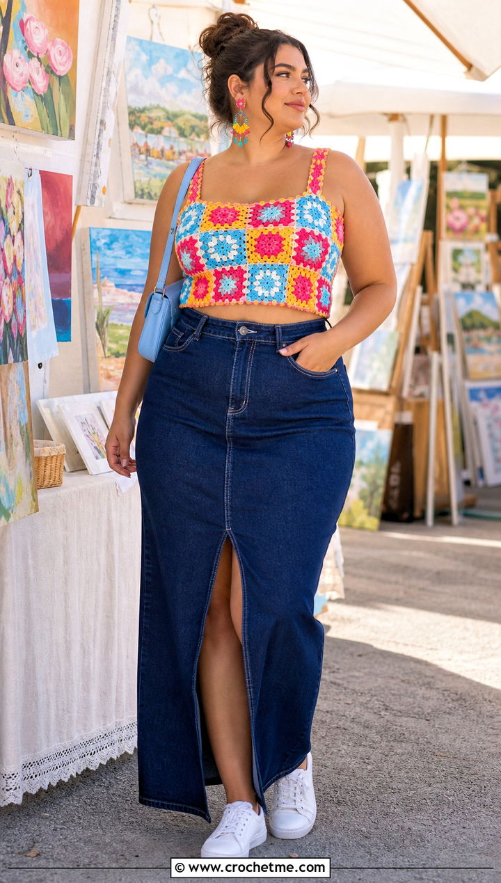 Plus Size Granny Square Crop Top With Denim Maxi Skirt - 20 Crochet Top Plus Size outfit ideas