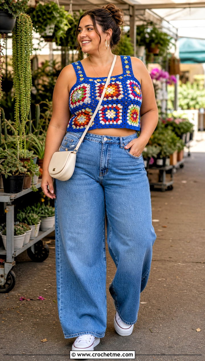 Plus Size Granny Square Crop Top With Wide Leg Jeans - 30 plus size crochet tops outfit ideas