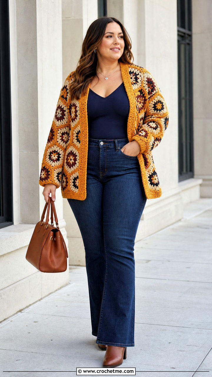 Plus Size Hexagon Granny Square Cardigan With Bootcut Jeans - 35 hexagon granny square cardigan outfit ideas