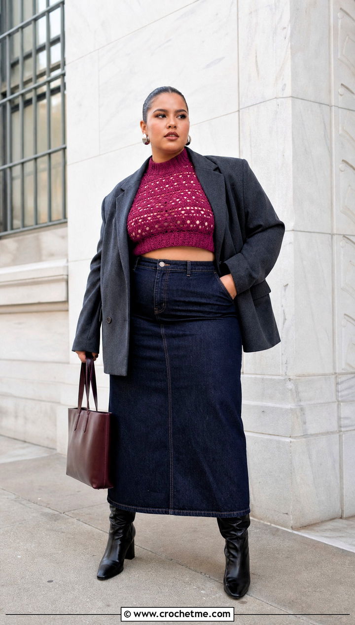 Plus Size High Neck Crochet Crop Top With Blazer And Maxi Skirt - 25 Crochet Crop Top Plus Size outfit ideas
