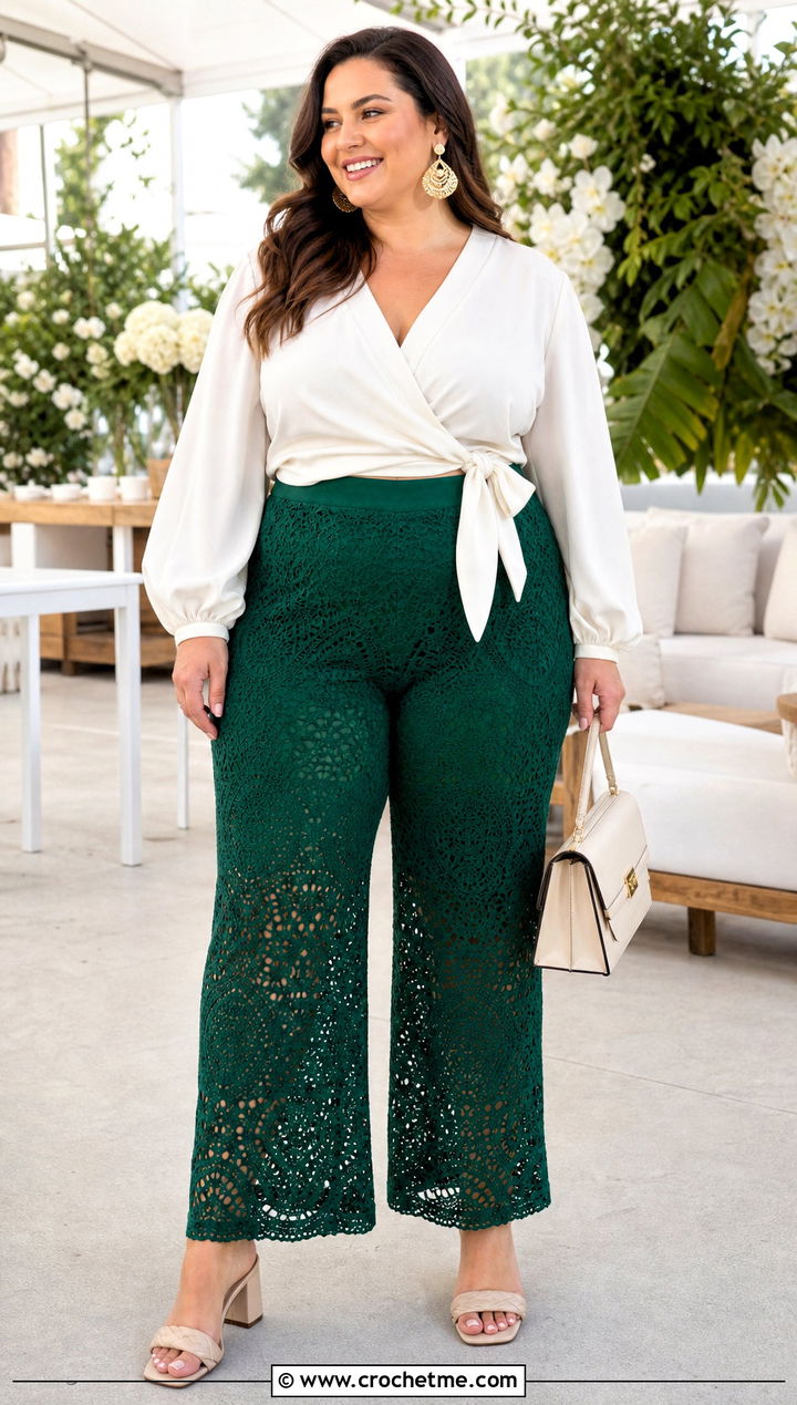 Plus Size High Rise Crochet Wide Leg Pants With Wrap Blouse - 25 crochet wide leg pants outfit ideas