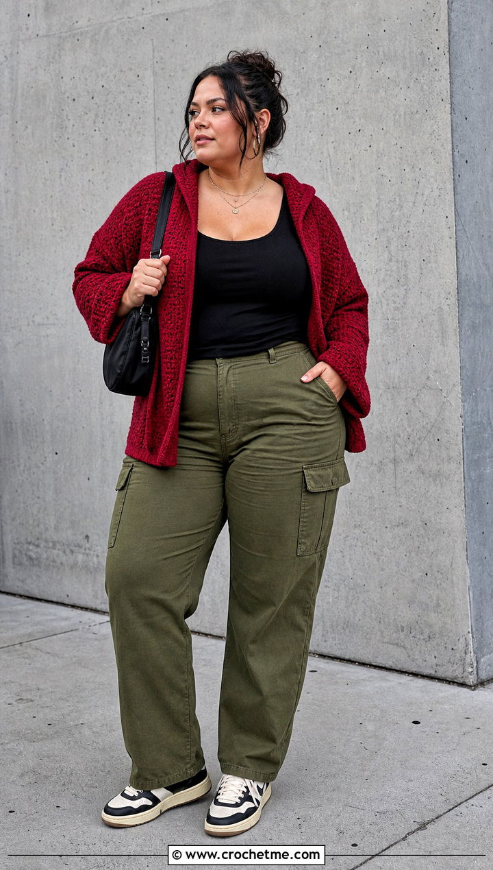 Plus Size Hooded Crochet Cardigan With Cargo Pants - 35 plus size crochet cardigan outfit ideas
