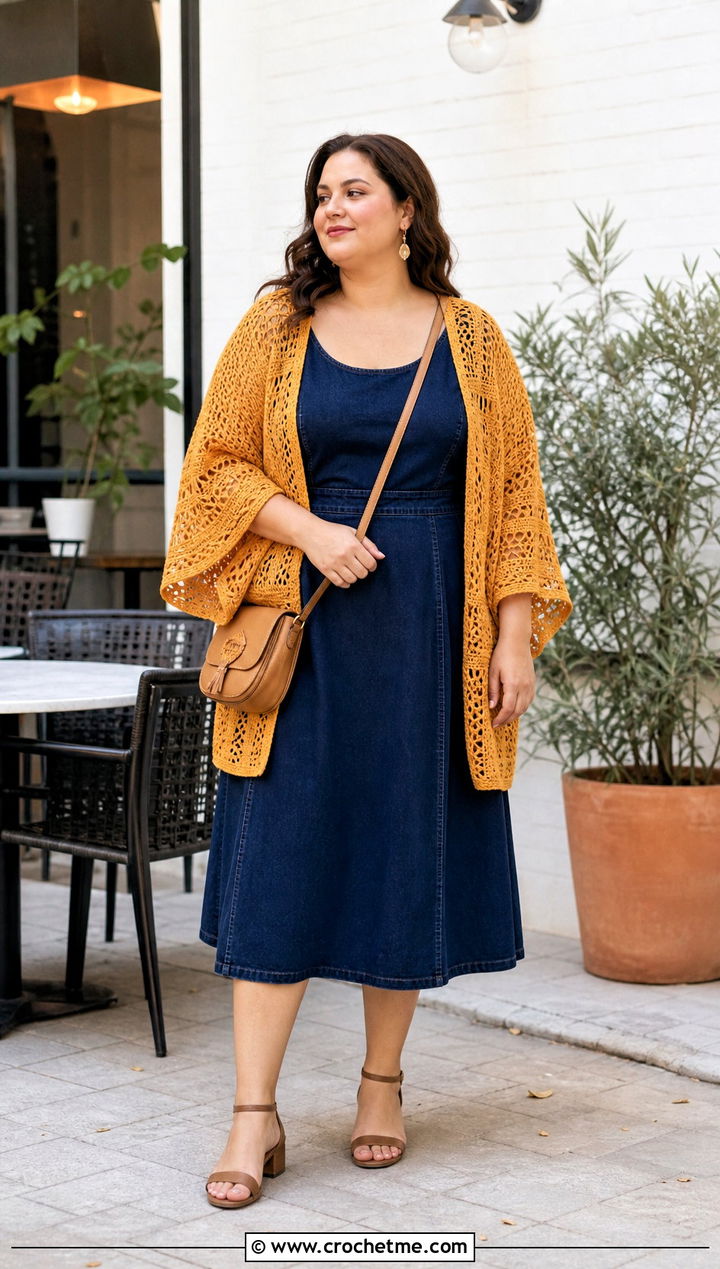 Plus Size Kimono Sleeve Crochet Cardigan With Denim Dress - 35 plus size crochet cardigan outfit ideas