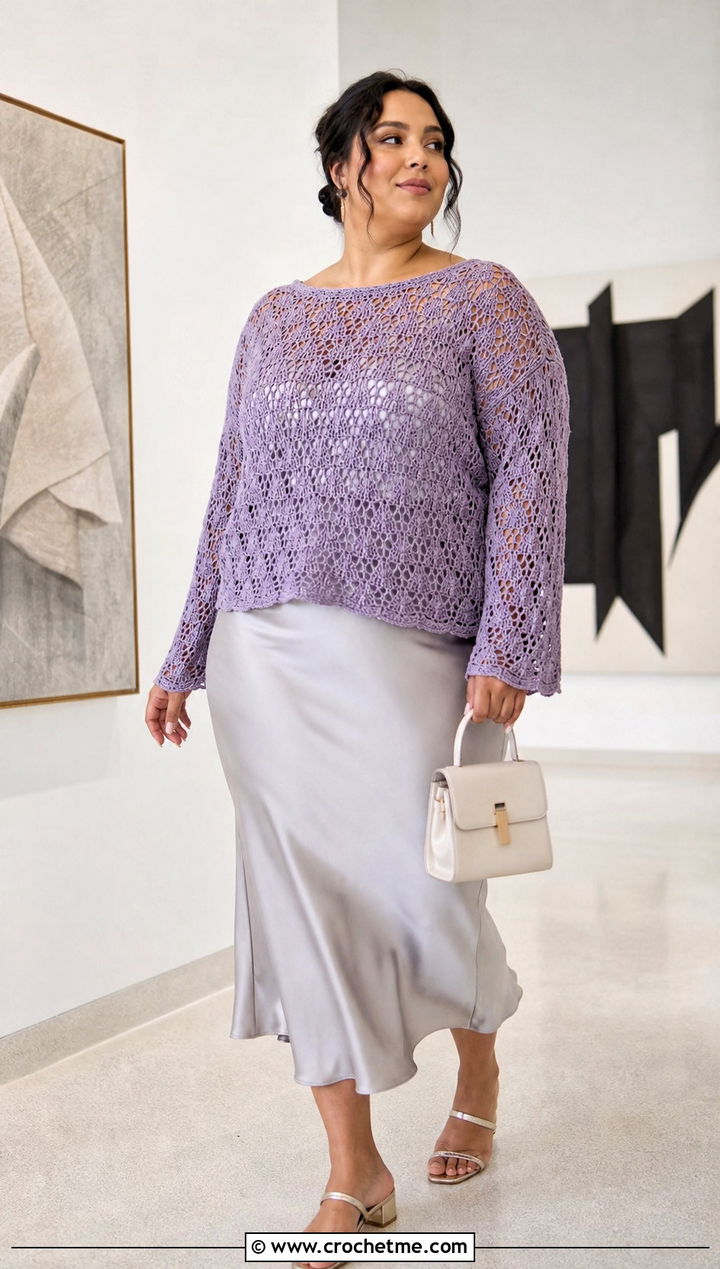 Plus Size Lace Stitch Crochet Sweater With Slip Skirt - 30 plus size crochet sweater outfit ideas