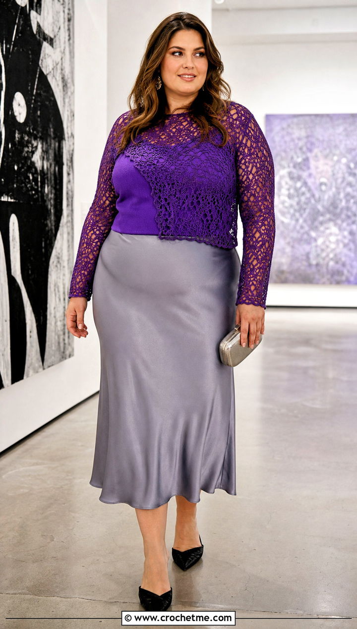 Plus Size Long Sleeve Crochet Top With Satin Midi Skirt - 25 Crochet Tops Plus Size outfit ideas