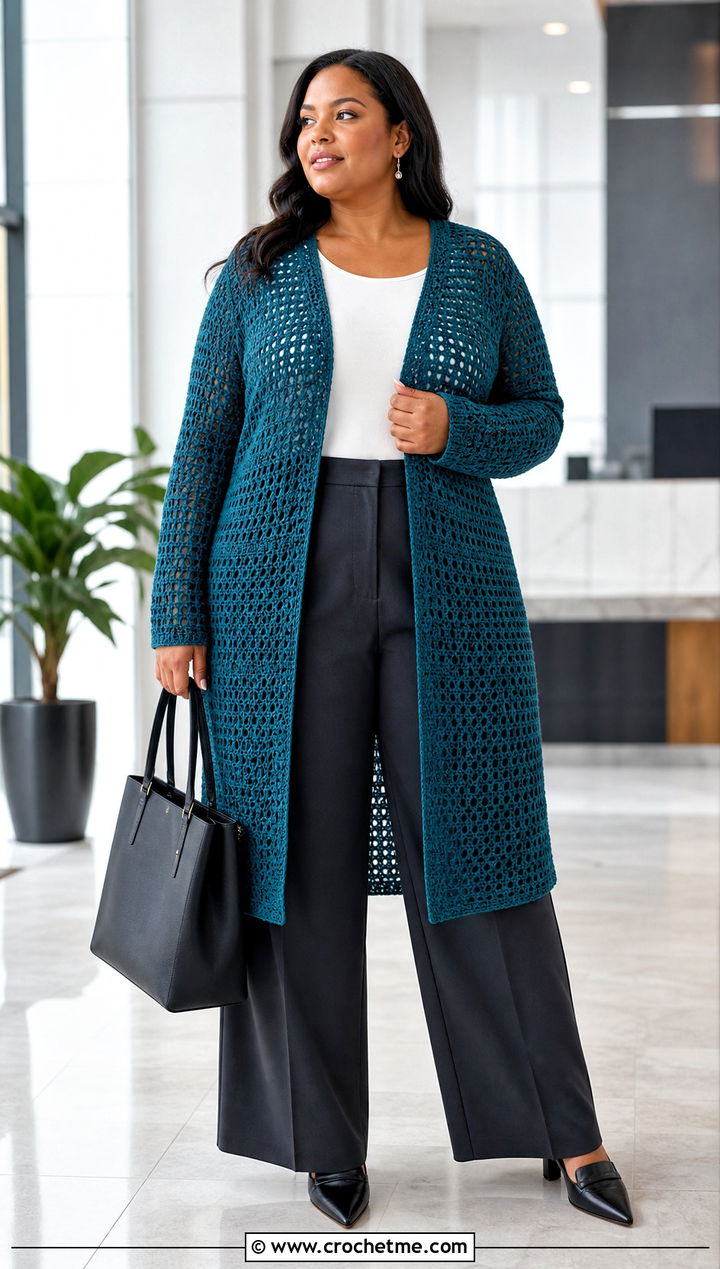 Plus Size Longline Duster Crochet Cardigan With Tailored Trousers - 35 plus size crochet cardigan outfit ideas