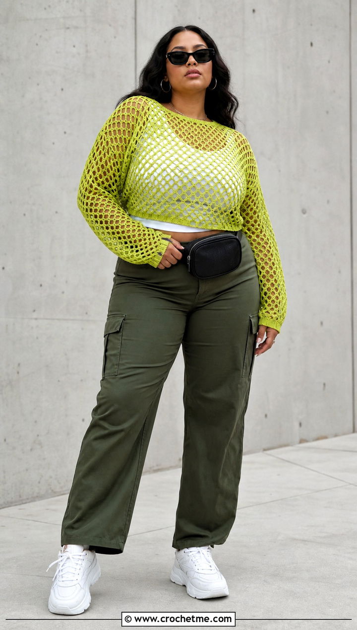Plus Size Mesh Crochet Sweater With Cargo Pants - 15 Plus Size Crochet Clothes and outfit ideas