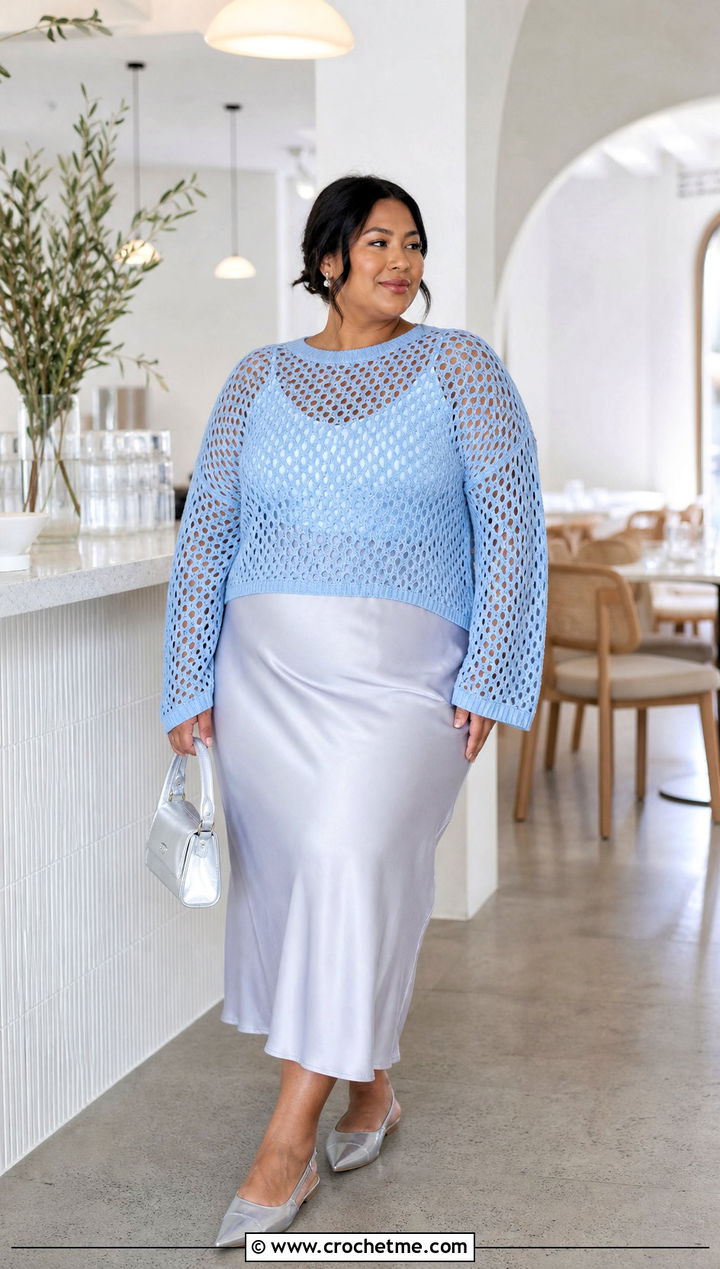 Plus Size Mesh Crochet Sweater With Satin Midi Skirt - 30 plus size crochet sweater outfit ideas