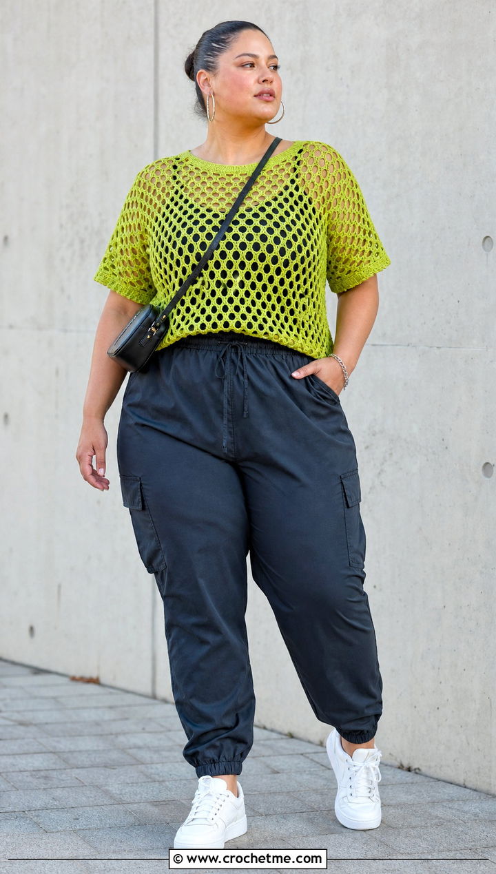 Plus Size Mesh Crochet Tee With Cargo Pants - 25 Crochet Tops Plus Size outfit ideas