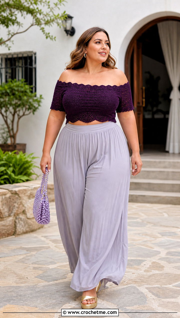 Plus Size Off Shoulder Crochet Crop Top With Palazzo Pants - 25 Crochet Crop Top Plus Size outfit ideas