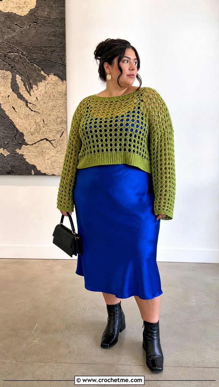 Plus Size Open Knit Crochet Sweater With Slip Dress - 30 plus size crochet sweater outfit ideas