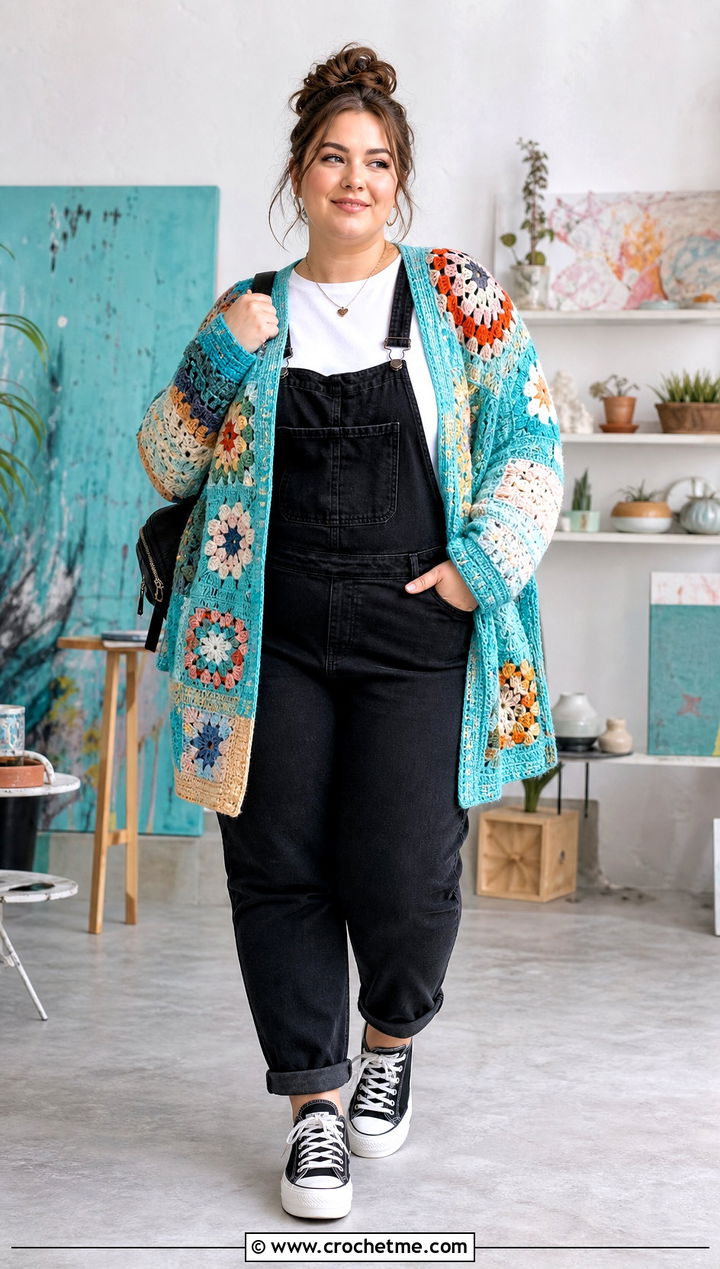 Plus Size Patchwork Crochet Cardigan With Black Overalls - 35 plus size crochet cardigan outfit ideas