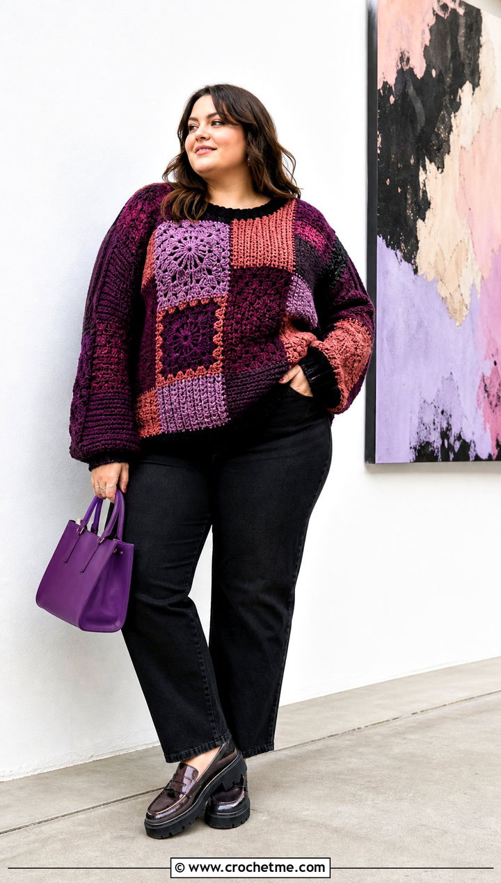 Plus Size Patchwork Crochet Sweater With Black Jeans - 30 plus size crochet sweater outfit ideas