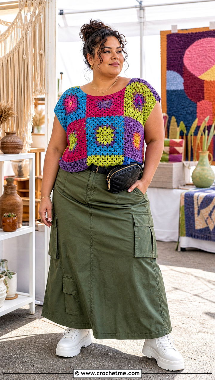 Plus Size Patchwork Crochet Top With Cargo Maxi Skirt - 30 plus size crochet tops outfit ideas