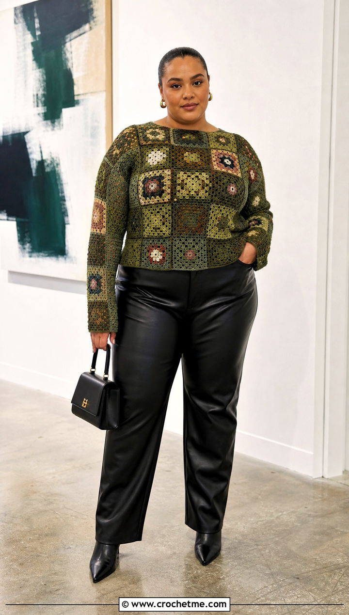 Plus Size Patchwork Crochet Top With Leather Pants - 25 Crochet Tops Plus Size outfit ideas