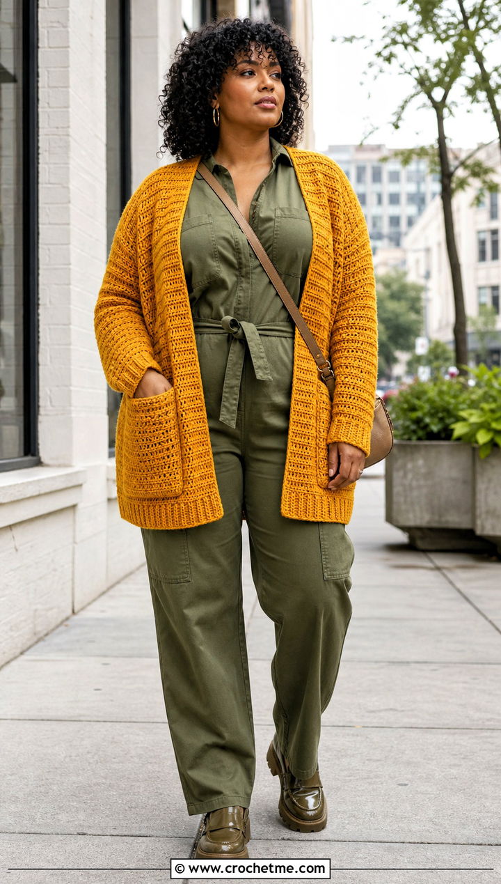 Plus Size Pocket Crochet Cardigan With Utility Jumpsuit - 35 plus size crochet cardigan outfit ideas