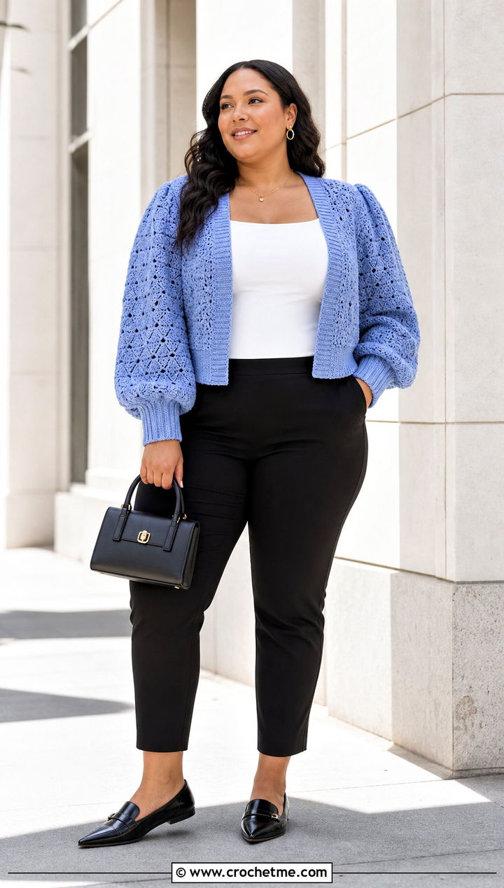 Plus Size Puff Sleeve Crochet Cardigan With Cigarette Pants - 35 plus size crochet cardigan outfit ideas
