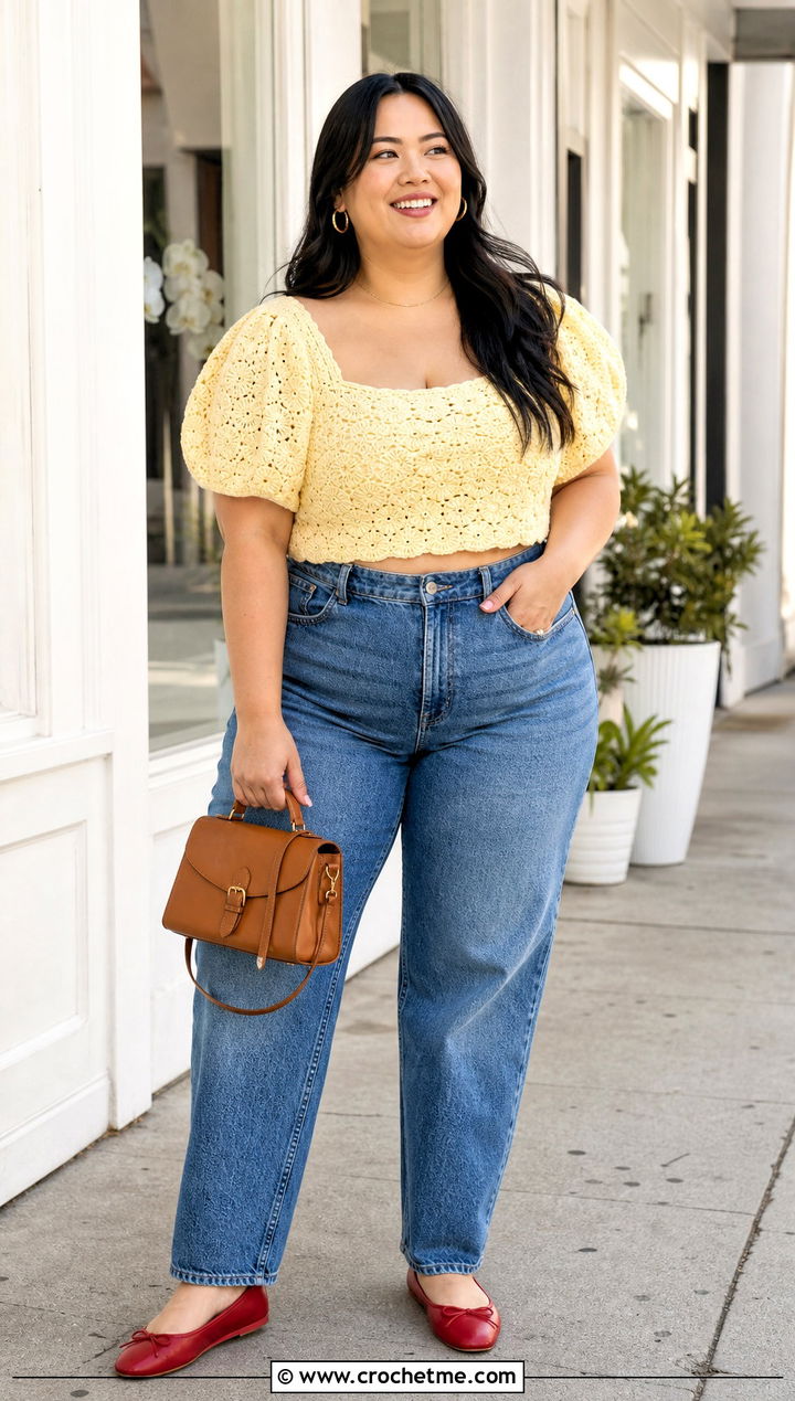 Plus Size Puff Sleeve Crochet Crop Top With Straight Jeans - 25 Crochet Crop Top Plus Size outfit ideas
