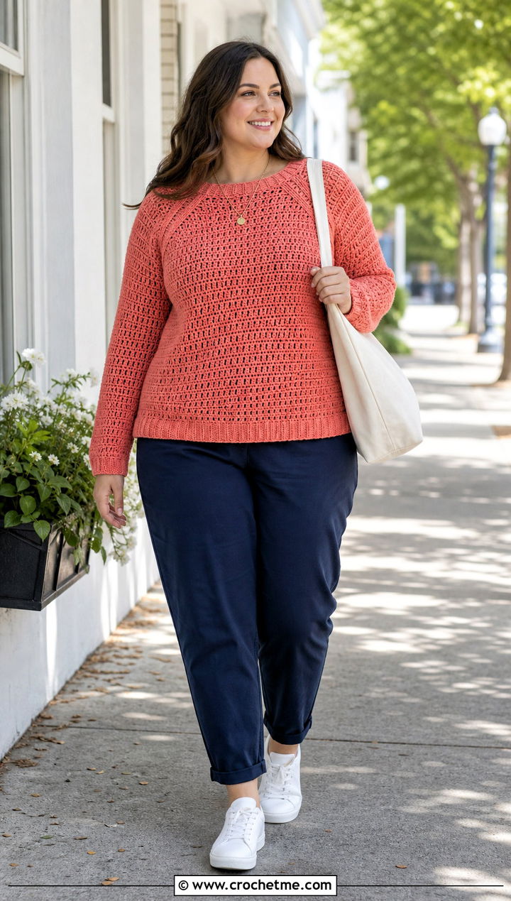 Plus Size Raglan Crochet Sweater With Relaxed Chinos - 30 plus size crochet sweater outfit ideas