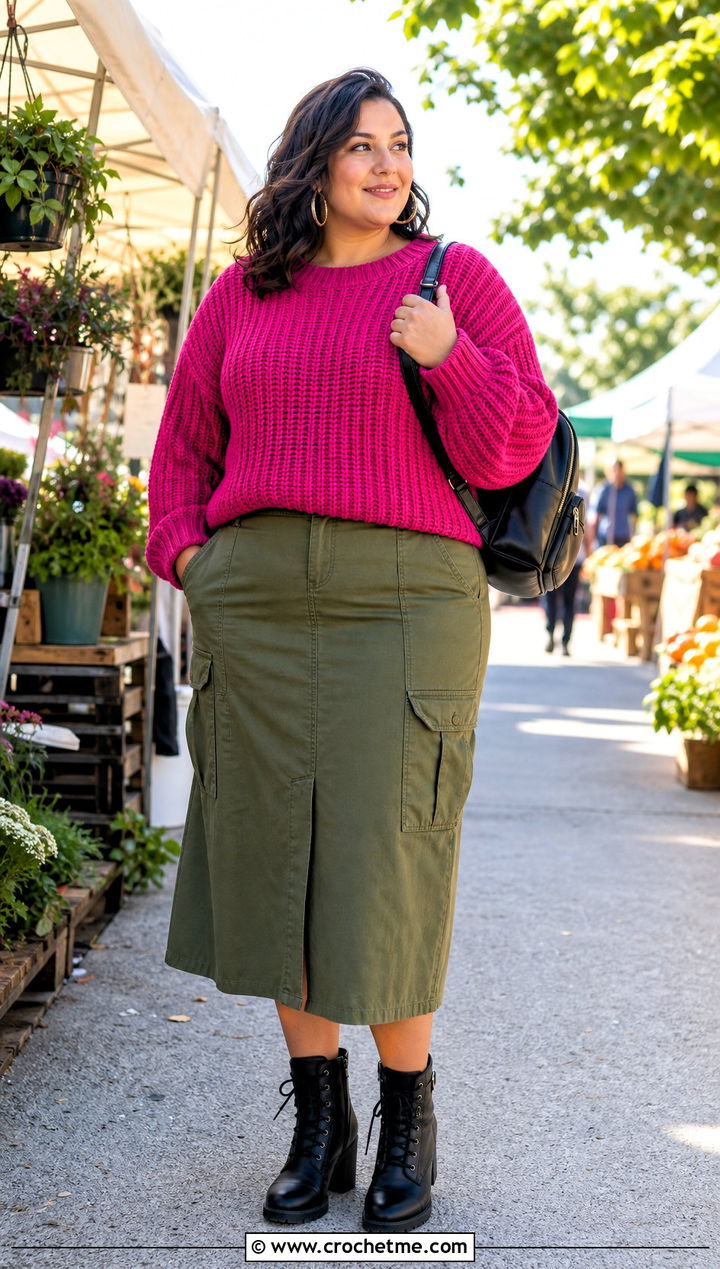 Plus Size Ribbed Crochet Sweater With Utility Skirt - 30 plus size crochet sweater outfit ideas
