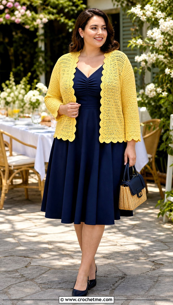 Plus Size Scallop Edge Crochet Cardigan With Tea Dress - 35 plus size crochet cardigan outfit ideas