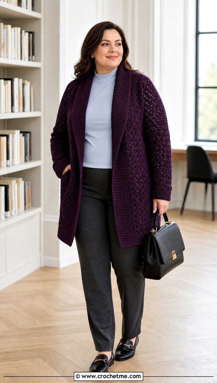 Plus Size Shawl Collar Crochet Cardigan With Ponte Pants - 35 plus size crochet cardigan outfit ideas