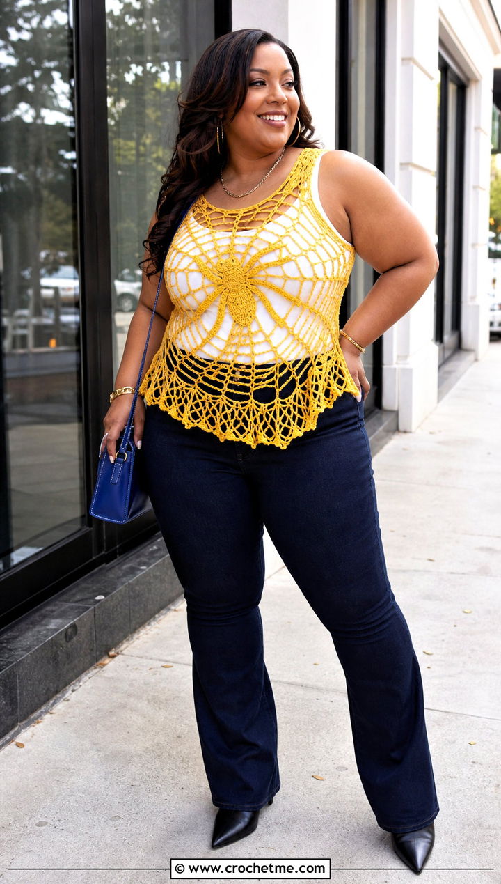 Plus Size Spider Crochet Peplum Top With Jeans - 35 spider crochet top outfit ideas