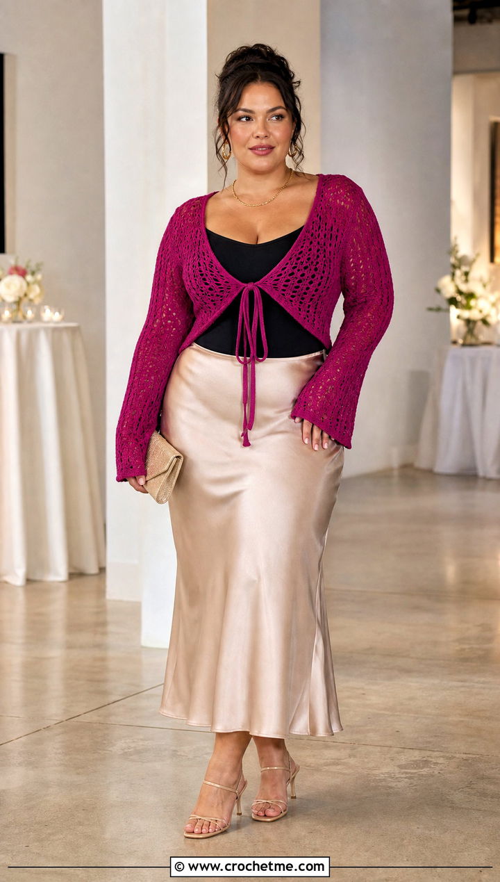 Plus Size Tie Front Crochet Cardigan With Bias Cut Skirt - 35 plus size crochet cardigan outfit ideas