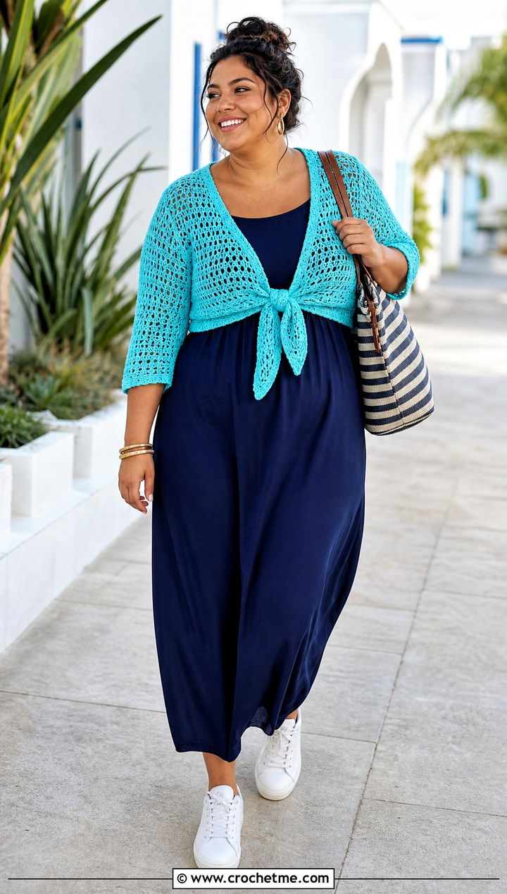 Plus Size Tie Front Crochet Crop Top With Maxi Dress - 25 Crochet Crop Top Plus Size outfit ideas