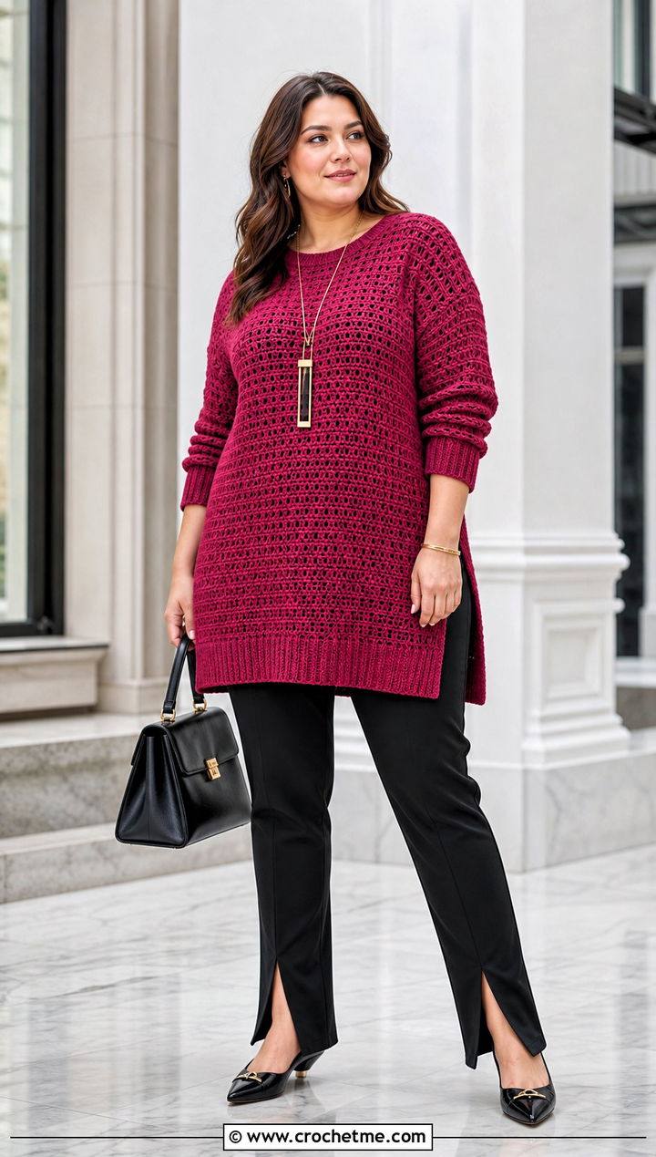 Plus Size Tunic Crochet Sweater With Split Hem Pants - 30 plus size crochet sweater outfit ideas