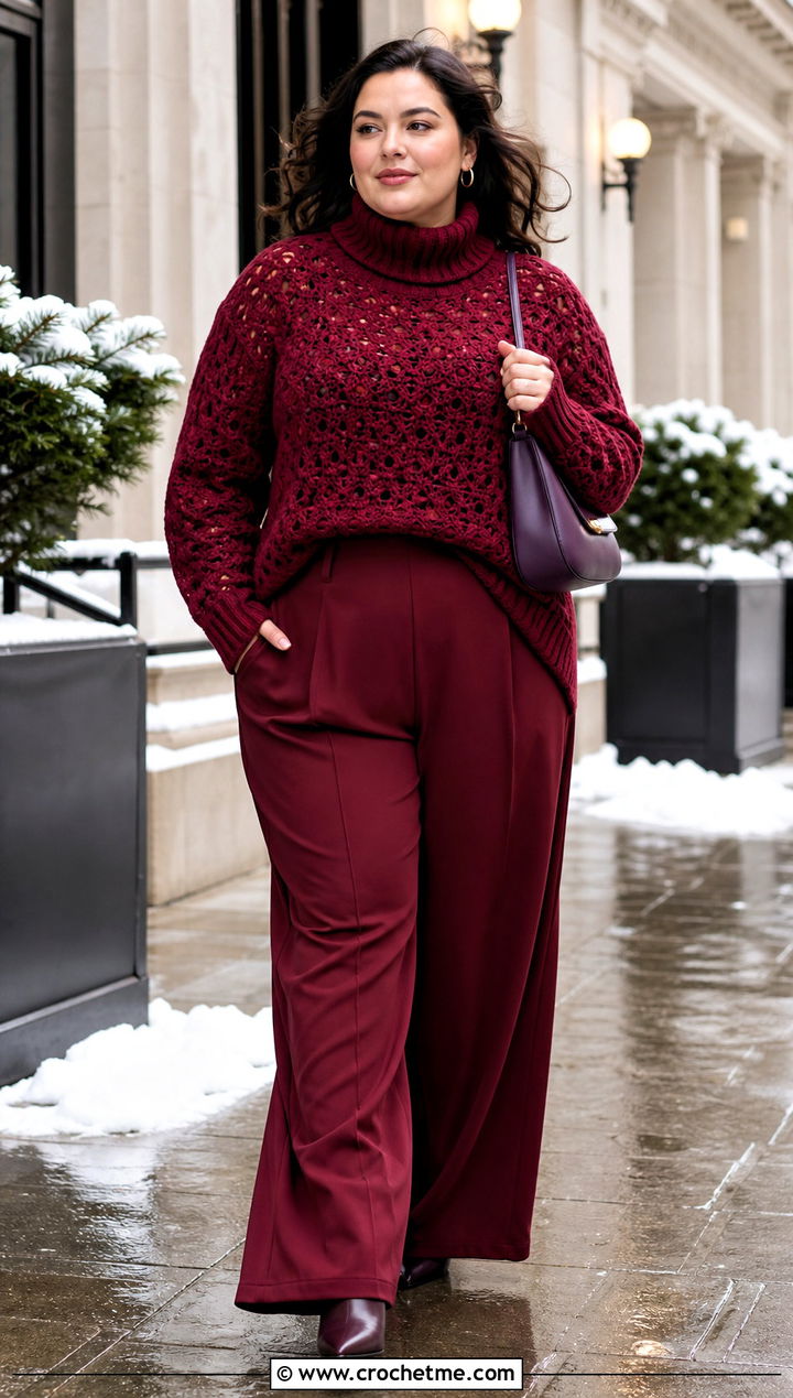 Plus Size Turtleneck Crochet Sweater With Wide Leg Trousers - 30 plus size crochet sweater outfit ideas