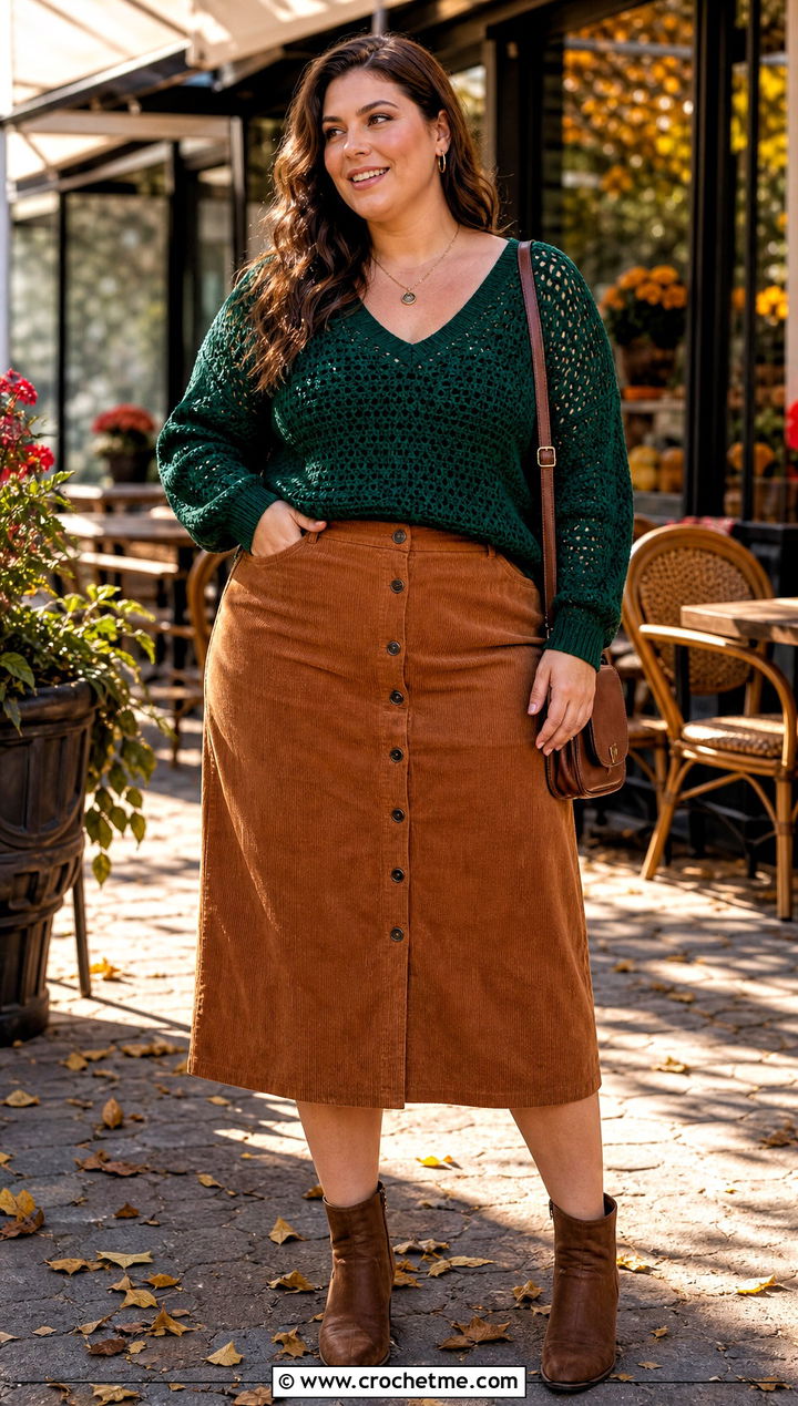 Plus Size V Neck Crochet Sweater With Button Front Skirt - 30 plus size crochet sweater outfit ideas