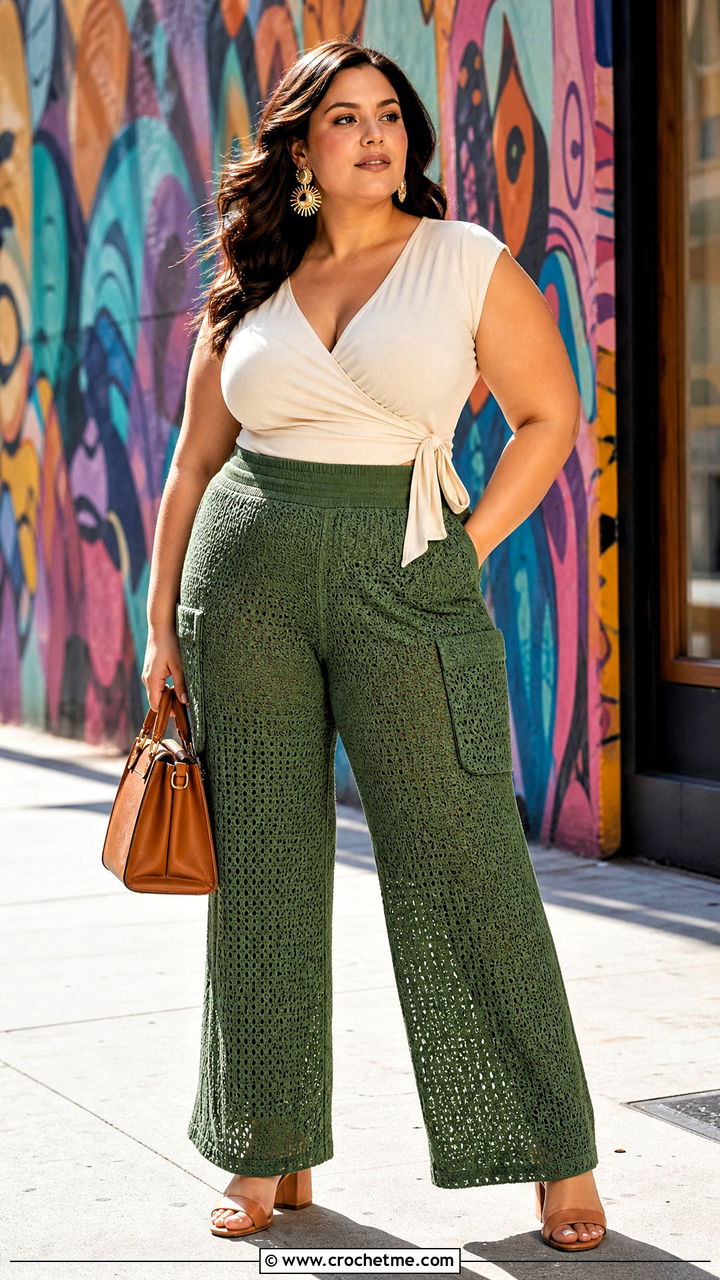 Plus Size Wide Leg Crochet Cargo Pants With Wrap Top - 35 crochet cargo pants outfit ideas