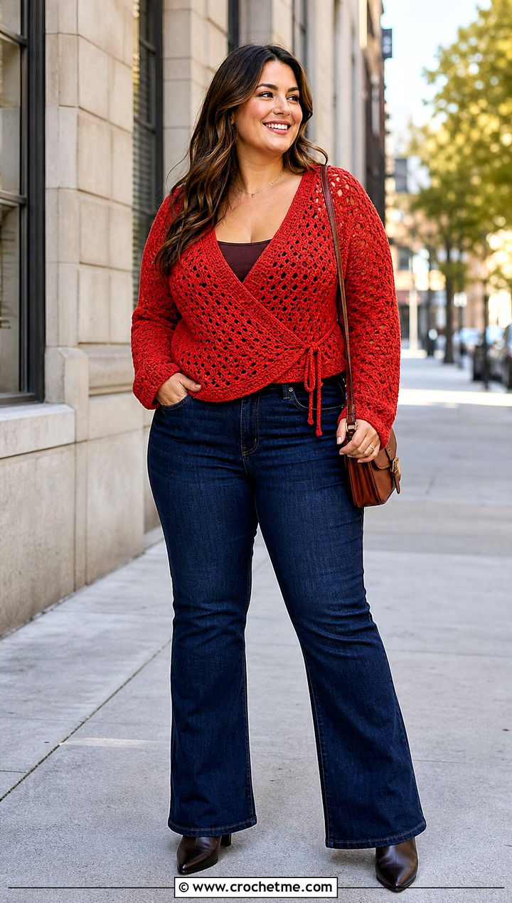 Plus Size Wrap Crochet Sweater With Bootcut Jeans - 30 plus size crochet sweater outfit ideas